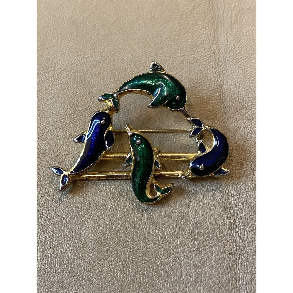 Goldtone Blue Green Dolphin Ocean Figural Slide Articulated Brooch Pin